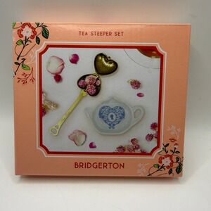 Bridgerton Tea Steeper Set Gold Heart Infuser Blue Teapot Rest Regencycore Royal